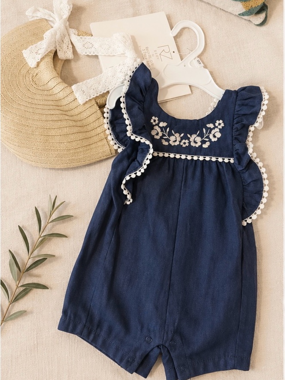 NWT Rachel Zoe Baby 3 Piece Romper Straw Bag & Bow Hair Clip Set